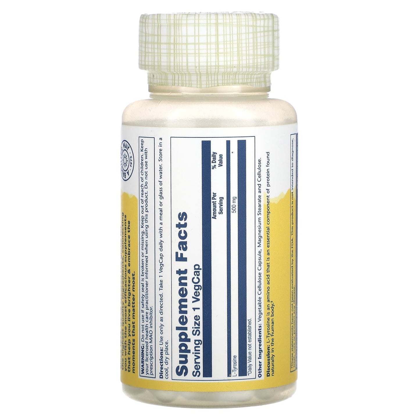 Solaray, L-Tyrosine, 500 mg, 50 VegCaps UPC 076280049909 | HiLife Vitamins