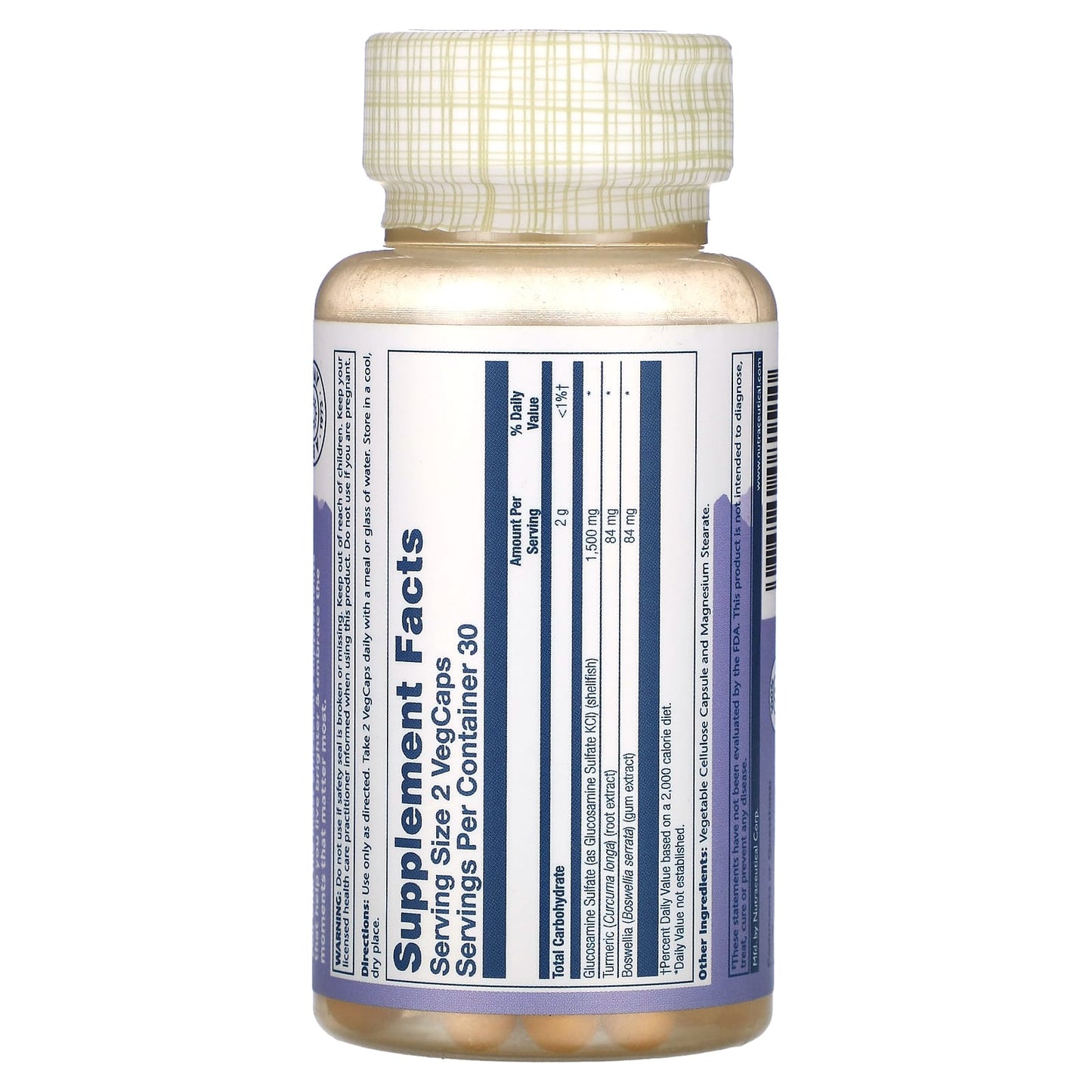 Solaray, Glucosamine Sulfate, with Turmeric & Boswellia, 750 mg, 60 VegCaps UPC 076280081510 | HiLife Vitamins