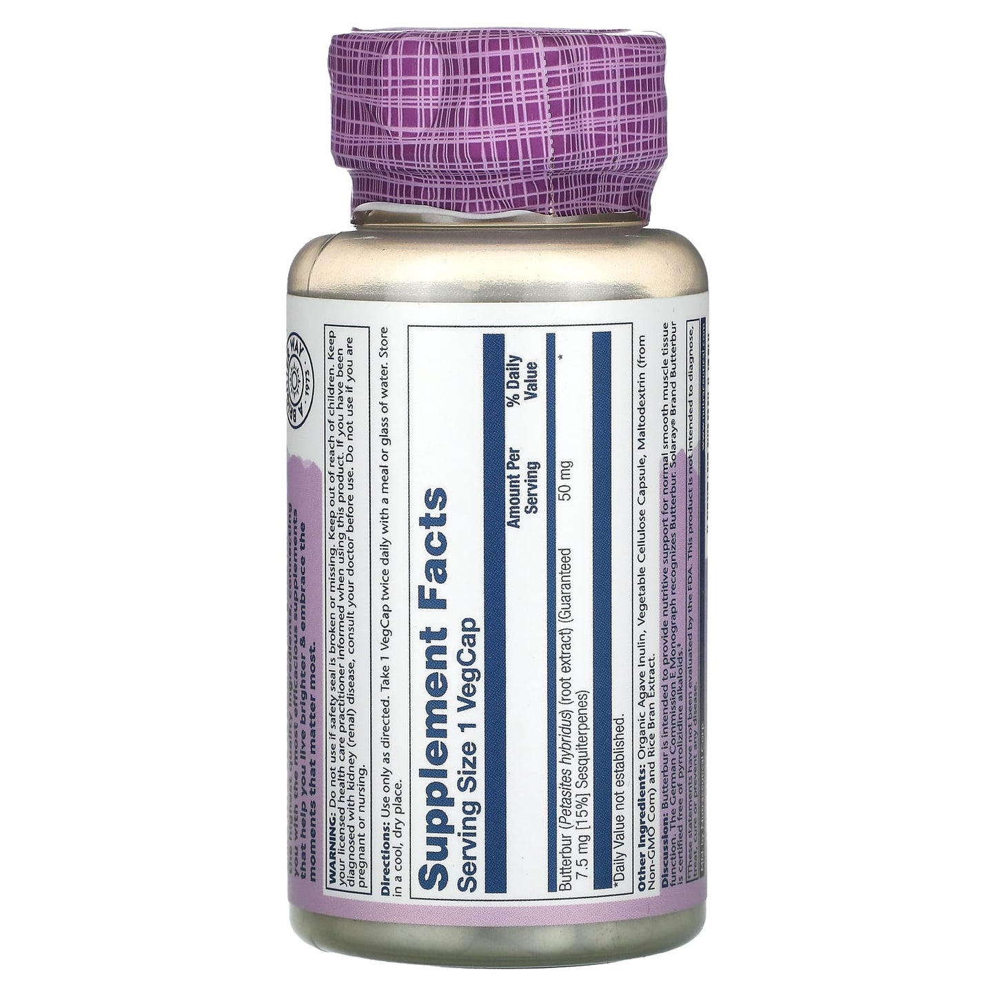 Solaray, Butterbur , 50 mg, 60 VegCaps UPC 076280116649 | HiLife Vitamins