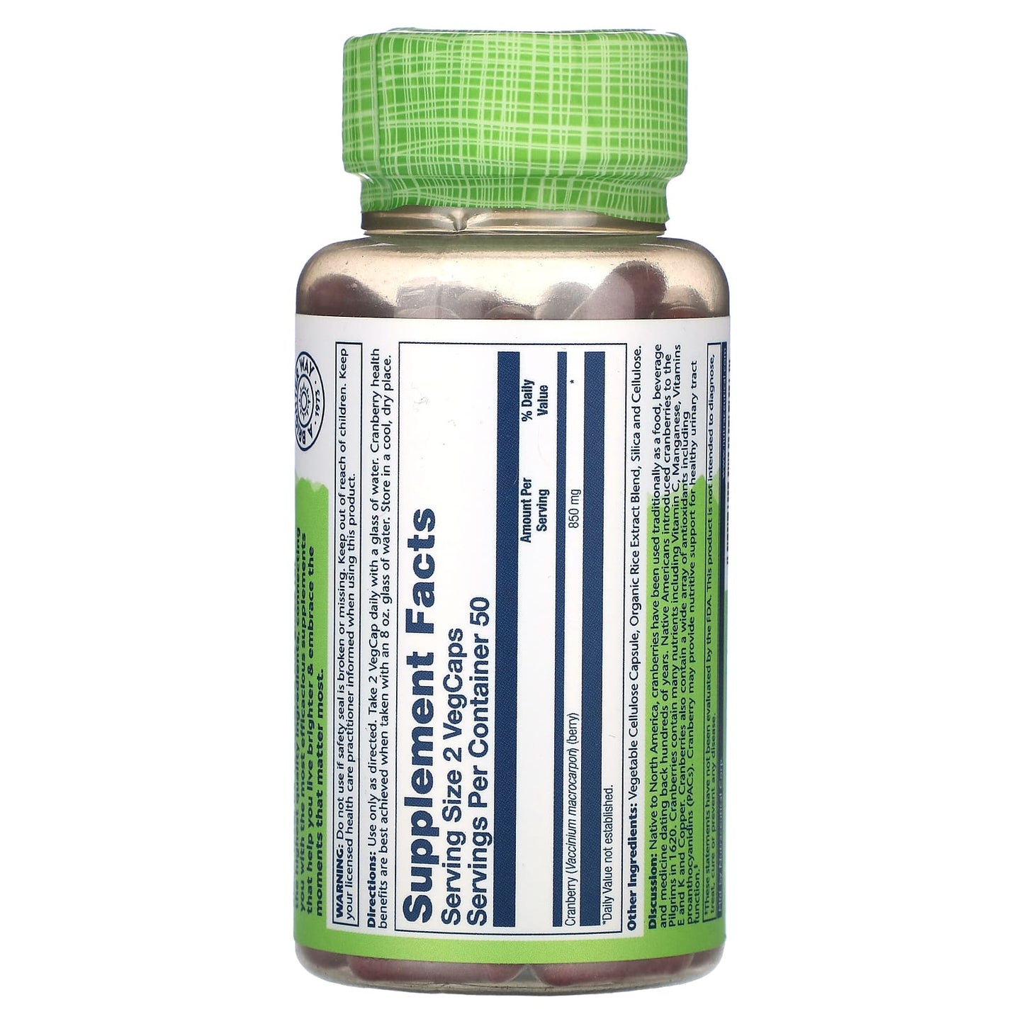 Solaray, True Herbs, Cranberry, 425 mg, 100 VegCaps UPC 076280119923 | HiLife Vitamins