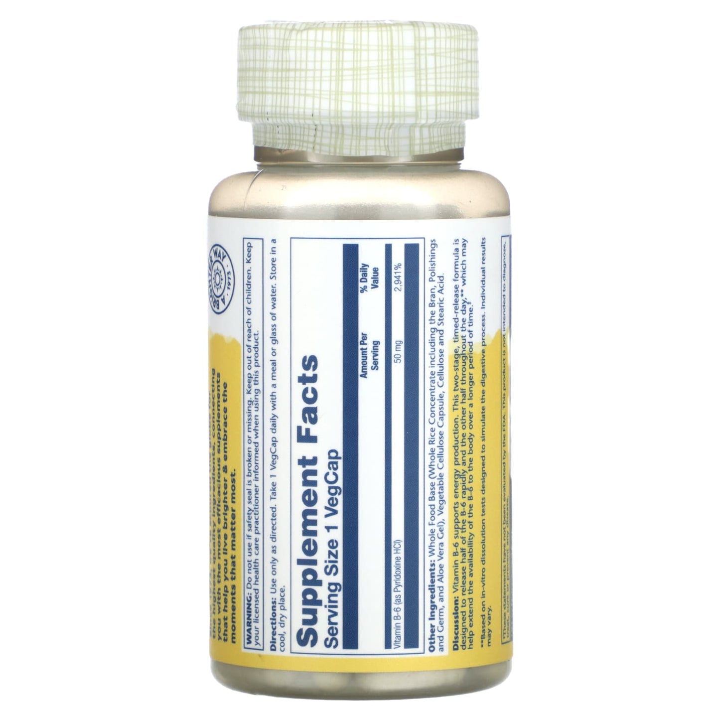 Solaray, Timed Release, Vitamin B-6, 50 mg, 60 VegCaps UPC 076280127409 | HiLife Vitamins