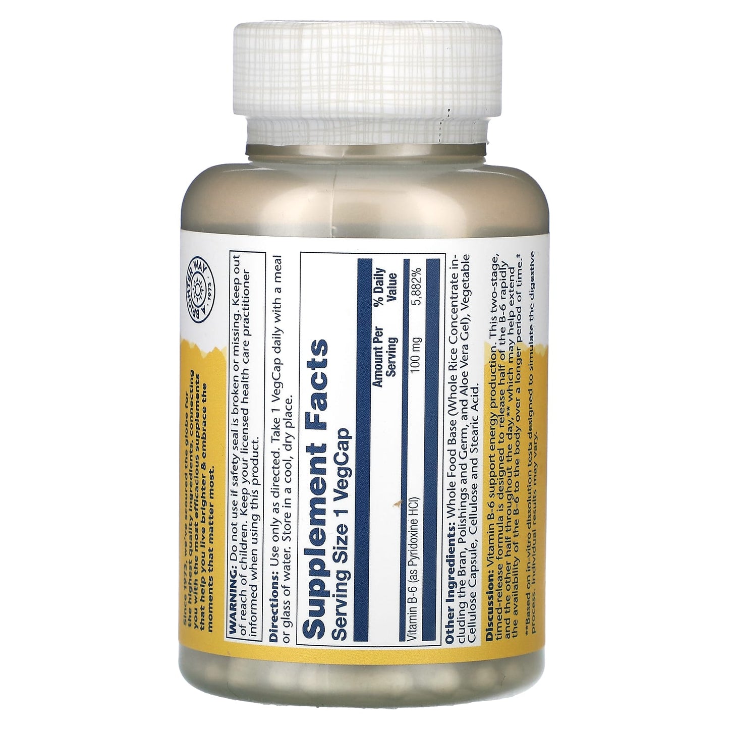 Solaray, Vitamin B-6, 100 mg, 120 VegCaps UPC 076280127430 | HiLife Vitamins