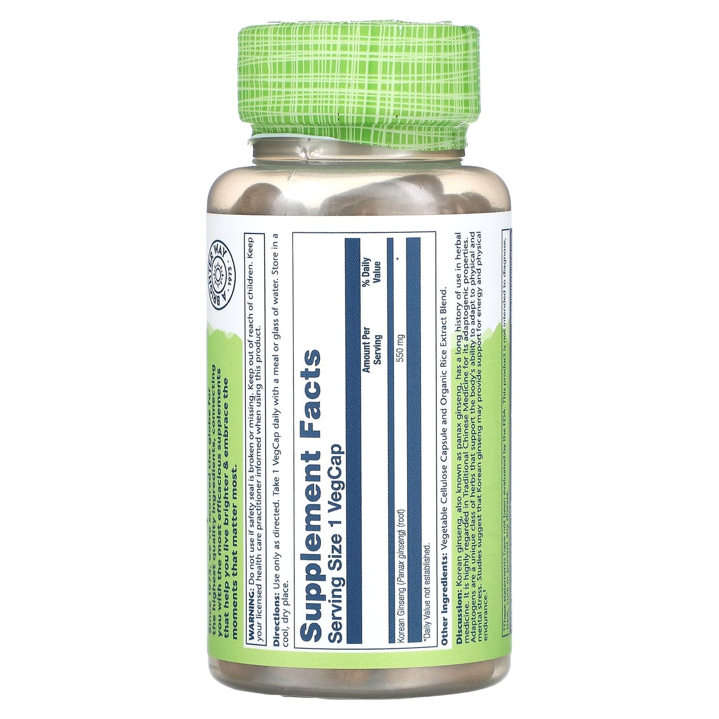 Solaray, Korean Ginseng, 550 mg, 100 VegCaps UPC 076280131253 | HiLife Vitamins