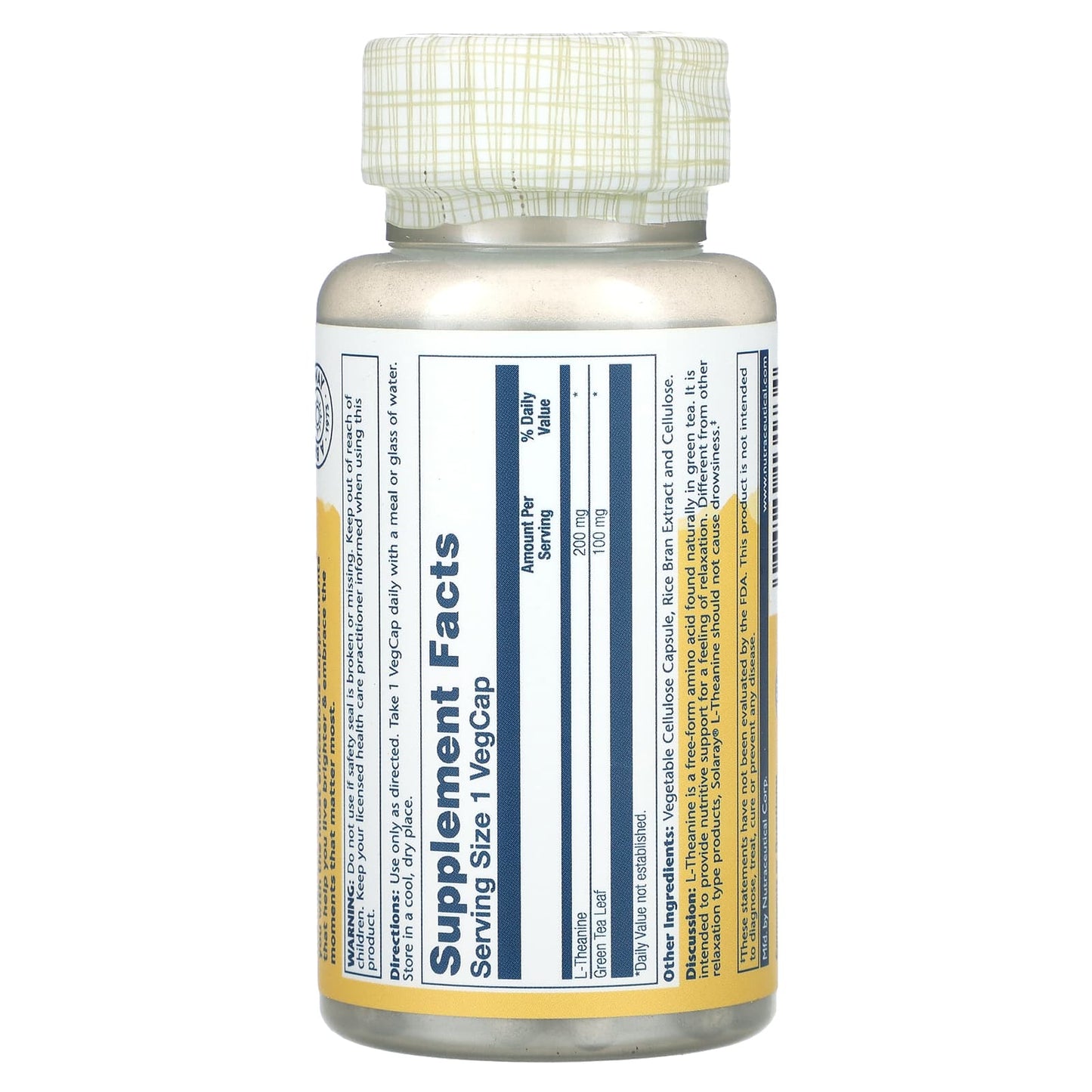 Solaray, L-Theanine With Green Tea, 200 mg, 90 VegCaps UPC 076280131734 | HiLife Vitamins
