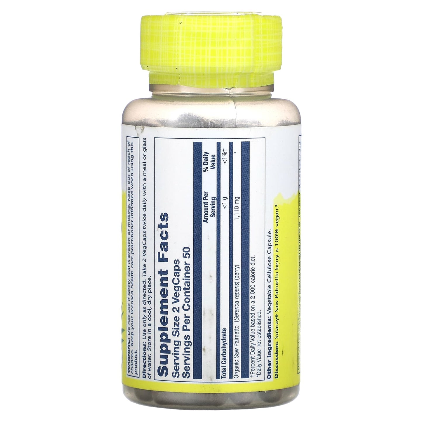 Solaray, Saw Palmetto 555mg, 100 VegCaps UPC 076280195507 | HiLife Vitamins