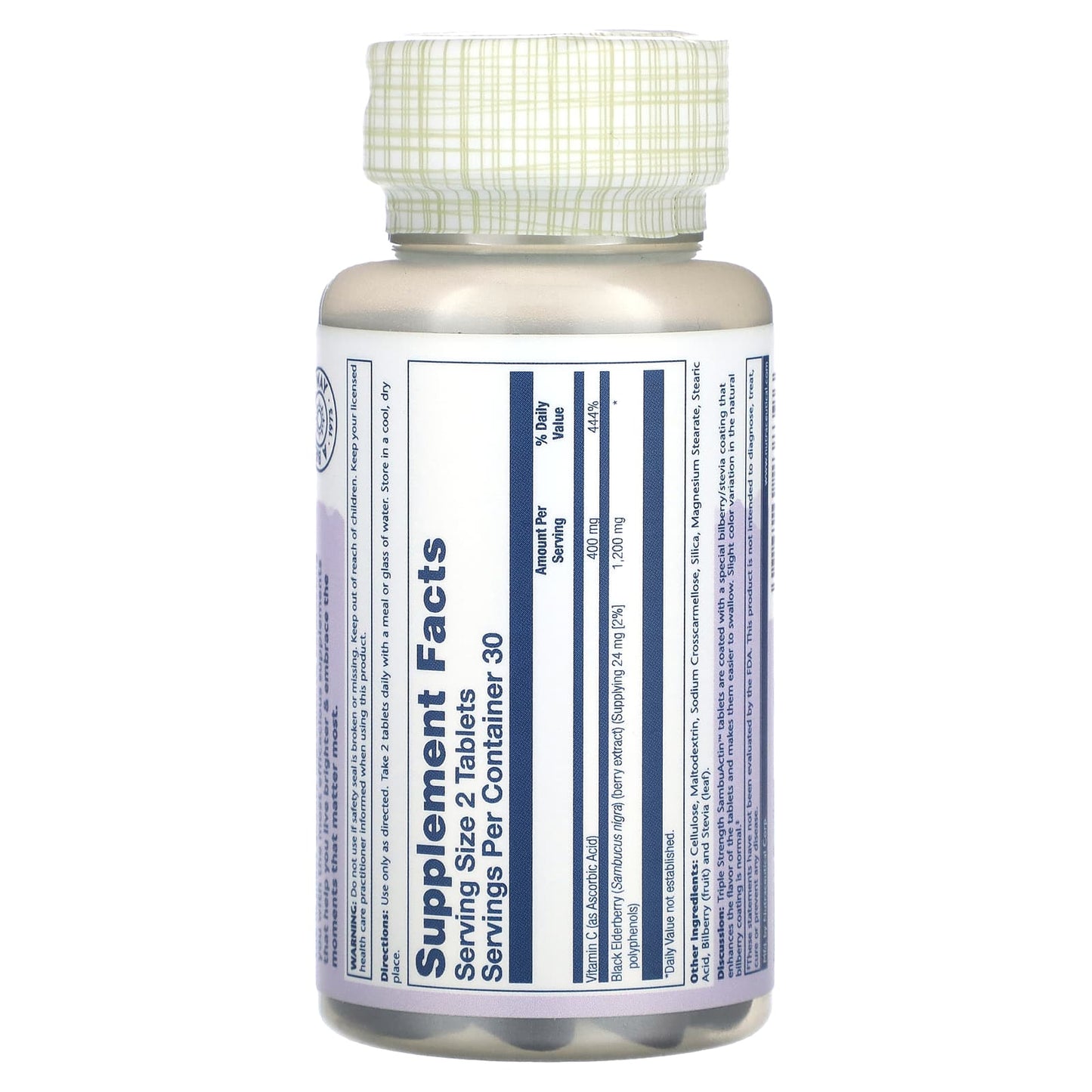 Solaray, Triple Strength Black Elderberry With Sambuactin & Vitamin C, 60 Tablets UPC 076280238396 | HiLife Vitamins