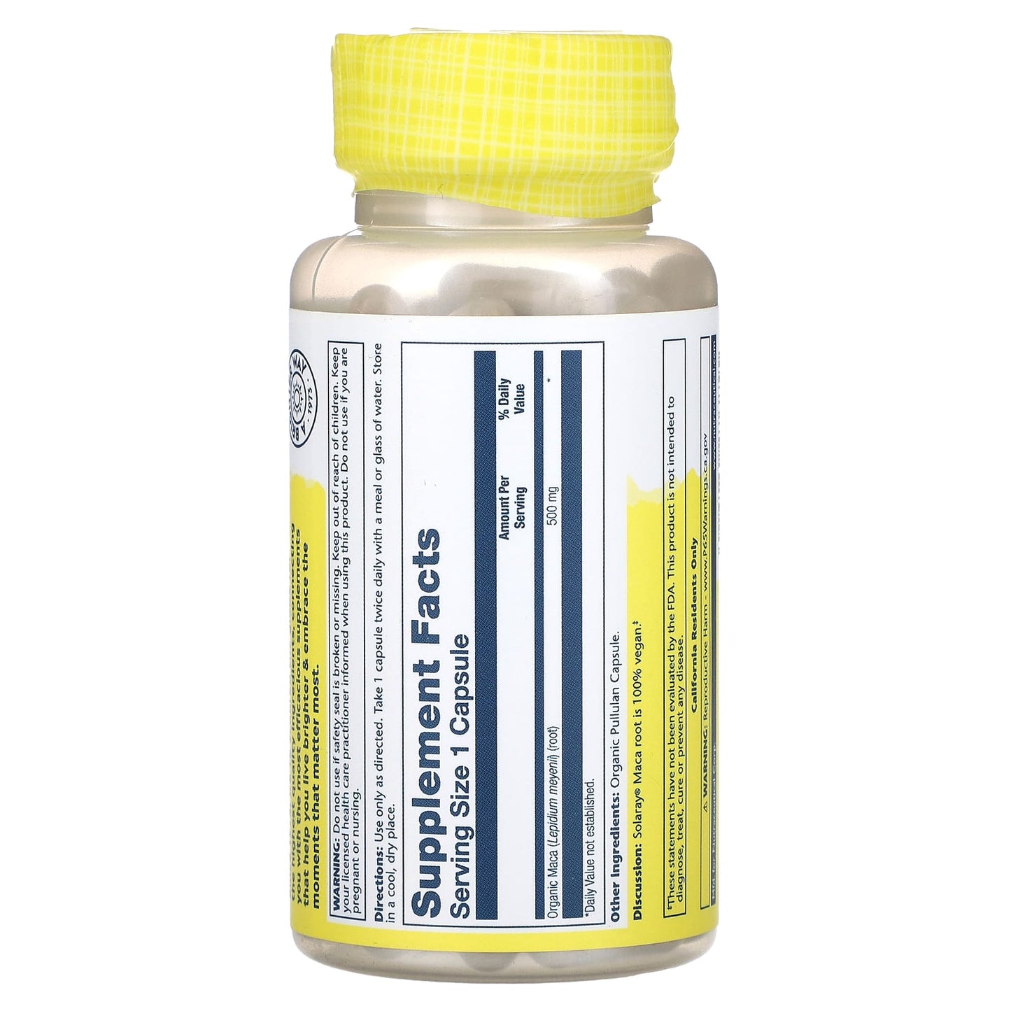 Solaray, Organic Maca, 500 mg, 100 VegCaps UPC 076280276855 | HiLife Vitamins