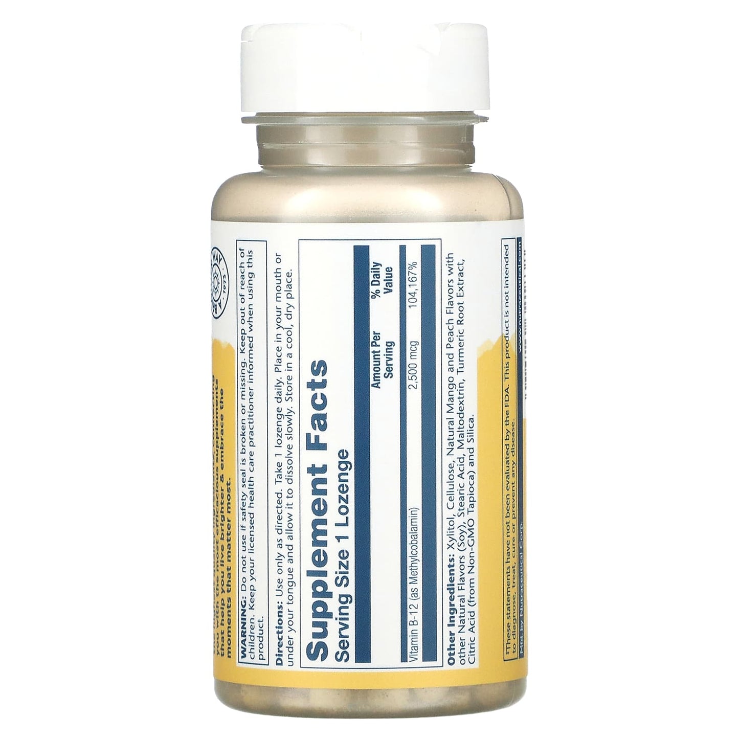 Solaray, B-12 Methyl Mango Peach 2500mcg, 60 Lozenges UPC 076280321838 | HiLife Vitamins