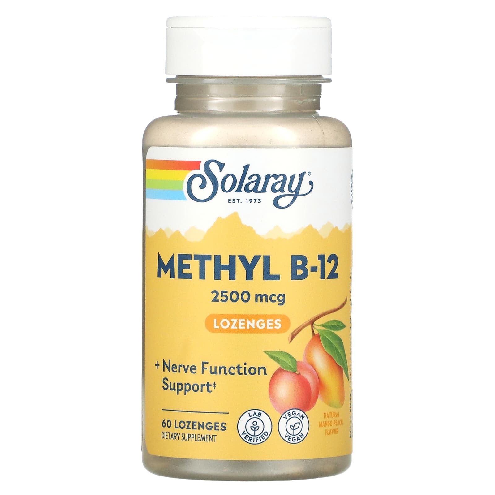 Solaray, B-12 Methyl Mango Peach 2500mcg, 60 Lozenges UPC 076280321838 | HiLife Vitamins