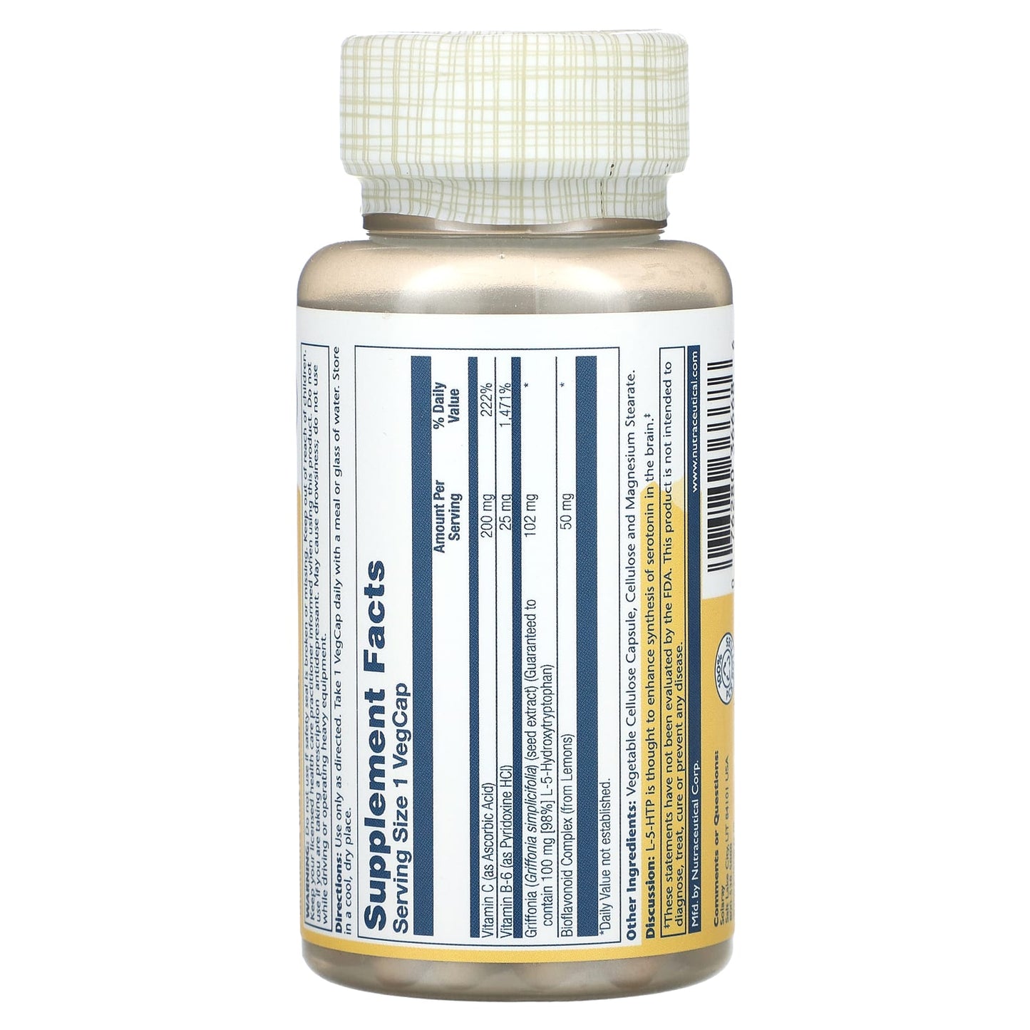Solaray, 5-HTP with Vitamin C & B-6, 100 mg, 60 VegCaps UPC 076280366686 | HiLife Vitamins