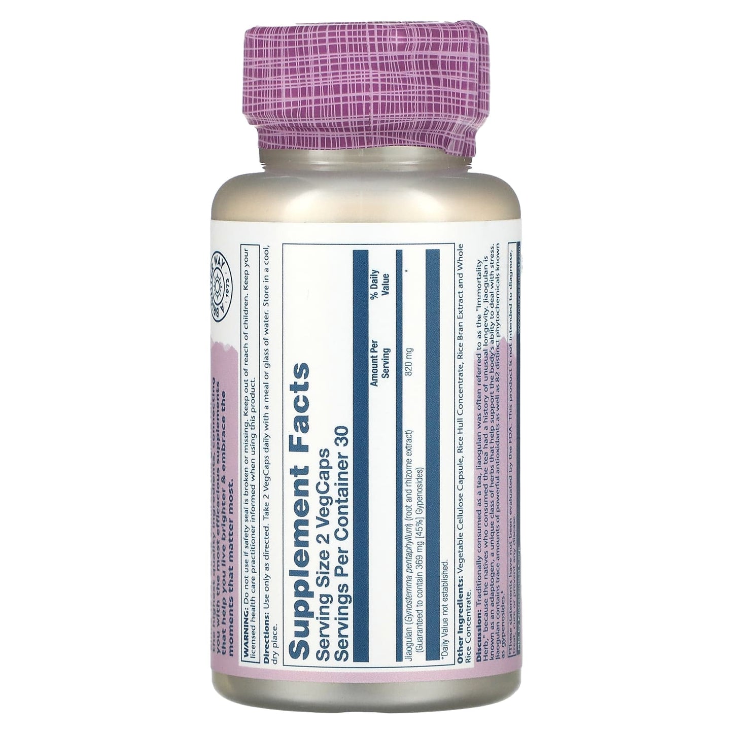 Solaray, Jiaogulan Extract 410mg, 60 VegCaps UPC 076280366730 | HiLife Vitamins