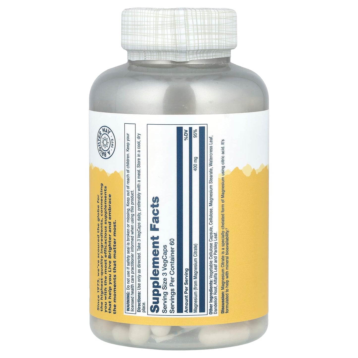 Solaray, Magnesium Citrate, 180 VegCaps UPC 076280374025 | HiLife Vitamins