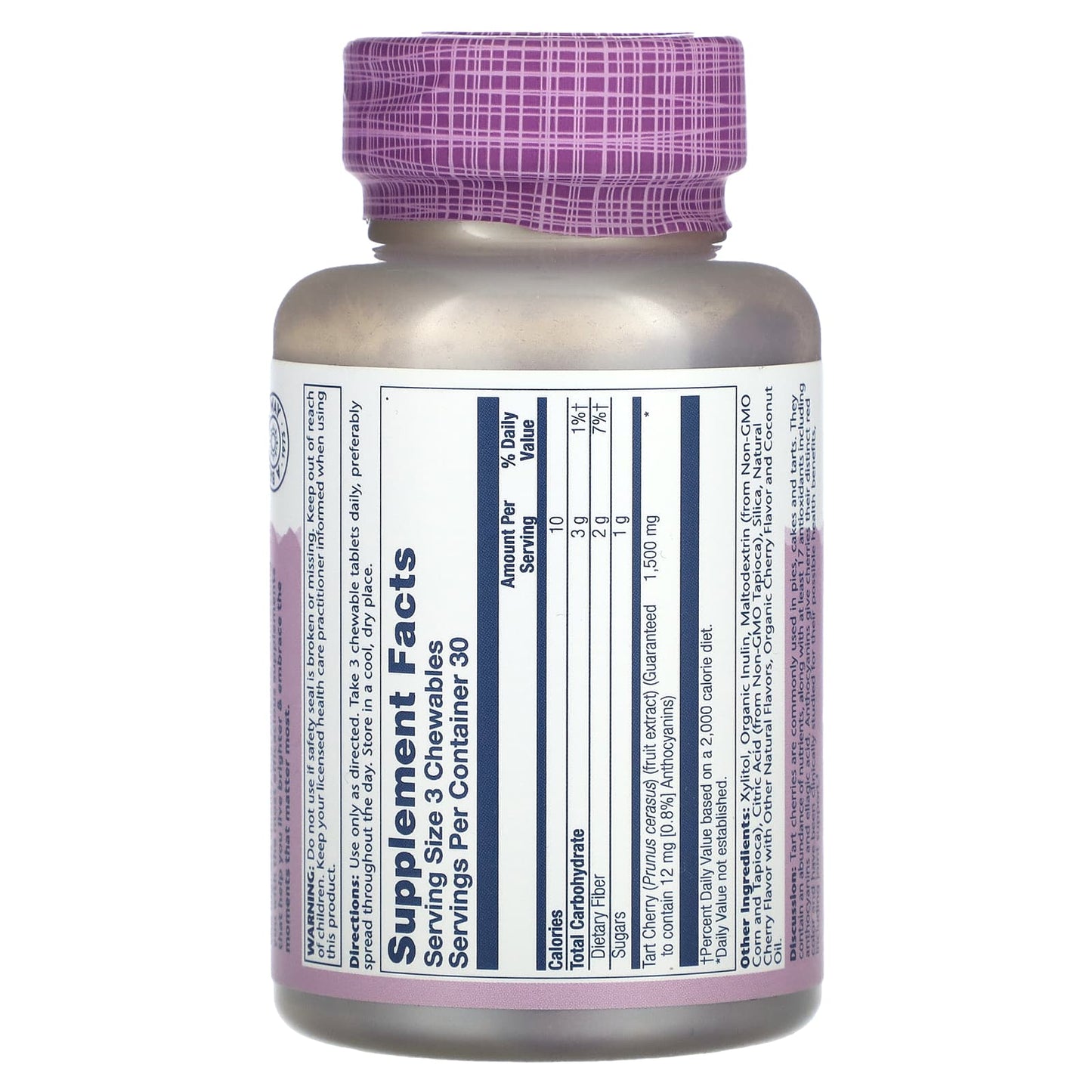 Solaray, Vital Extracts Tart Cherry, Natural Cherry, 500 mg, 90 Chewables UPC 076280444995 | HiLife Vitamins