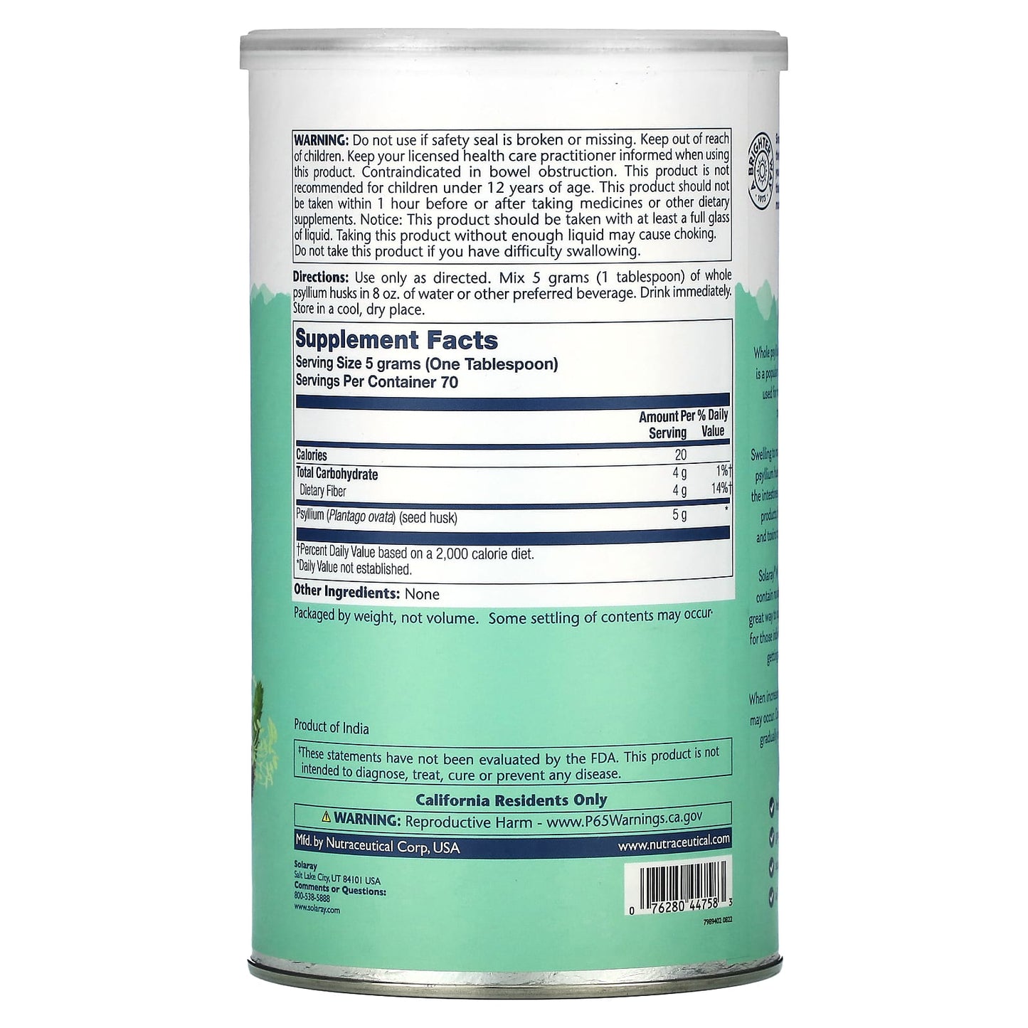 Solaray, Whole Psyllium Husk, 12.3 oz UPC 076280447583 | HiLife Vitamins