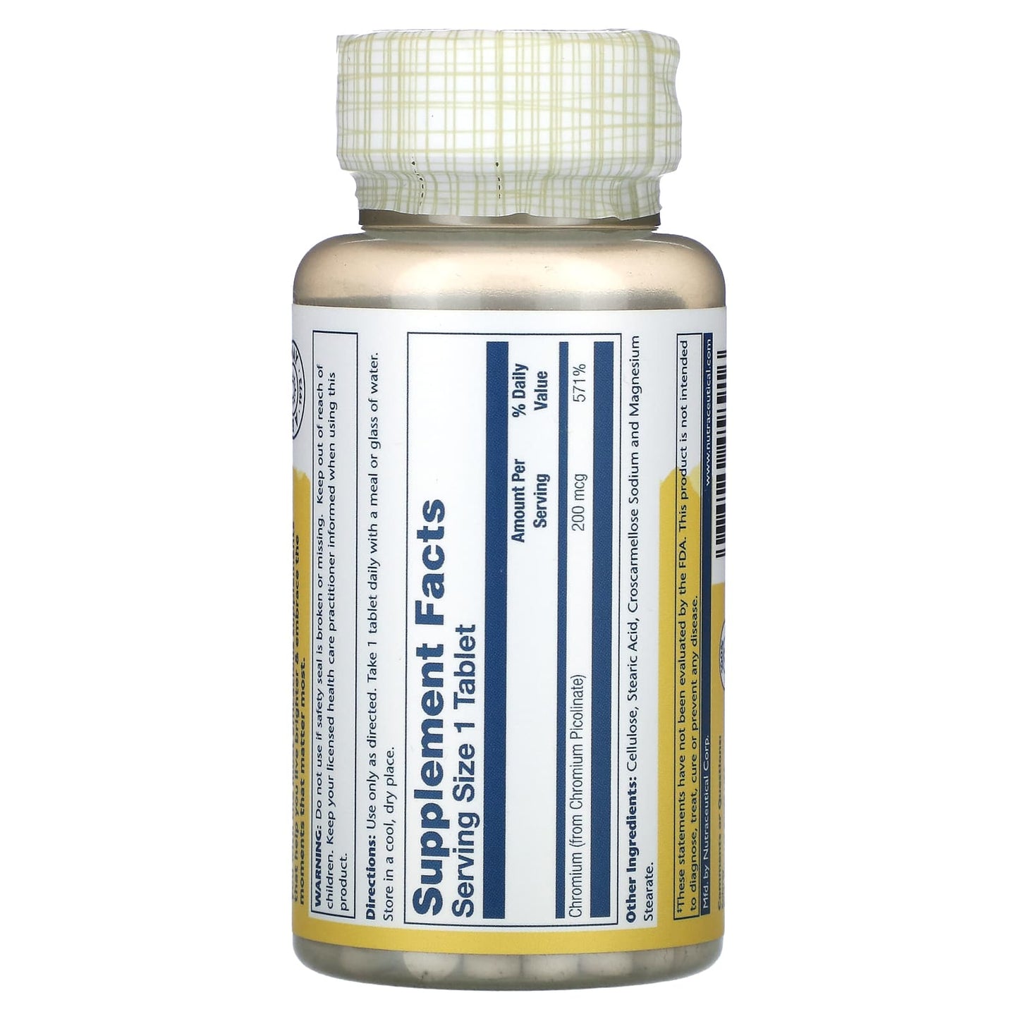 Solaray, Chromium Picolinate, 200 mcg, 200 Tablets UPC 076280458916 | HiLife Vitamins