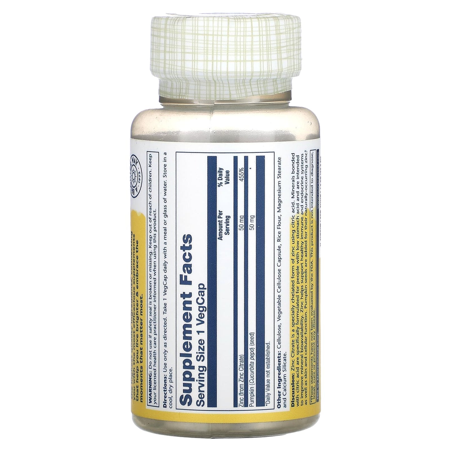 Solaray, Zinc citrate 50 mg, 60 VegCaps UPC 076280471021 | HiLife Vitamins