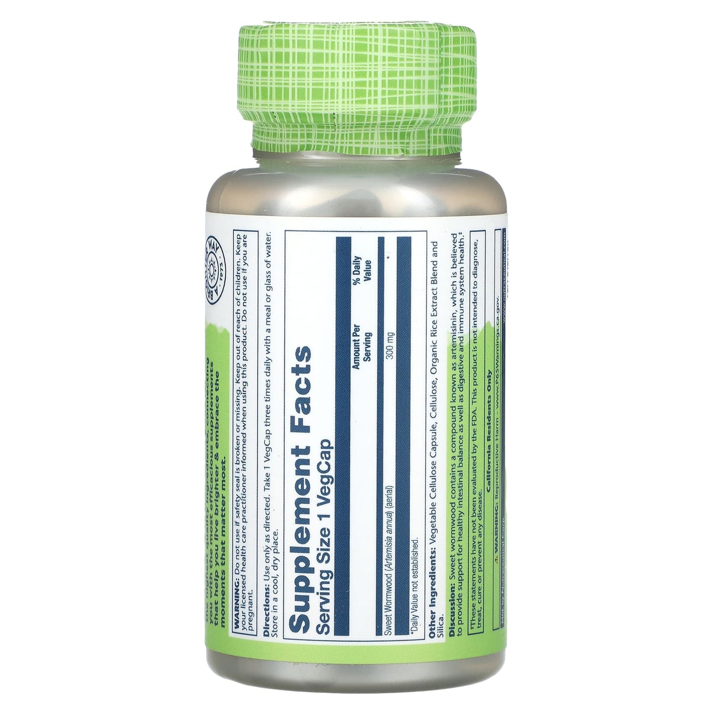 Solaray, Sweet Wormwood, 300 mg, 100 VegCaps UPC 076280658095 | HiLife Vitamins