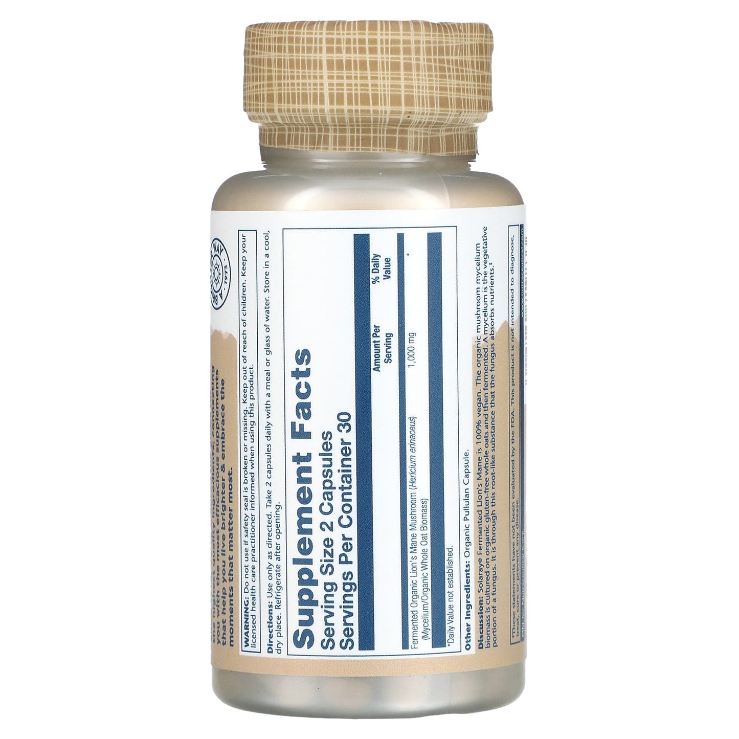 Solaray, Fermented Lion's Maine Mushroom, 60 VegCaps UPC 076280719833 | HiLife Vitamins