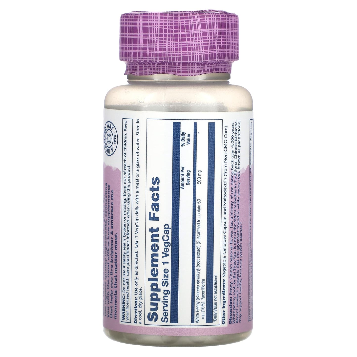 Solaray, Vital Extracts, White Peony, 500 mg, 60 VegCaps UPC 076280790030 | HiLife Vitamins