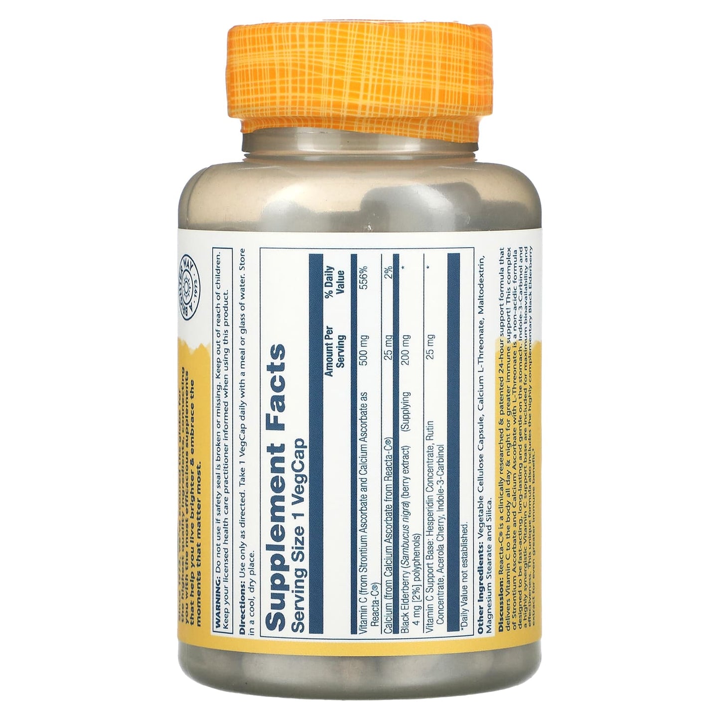 Solaray, Reacta-C + Elderberry 500 mg, 120 VegCaps UPC 076280846638 | HiLife Vitamins