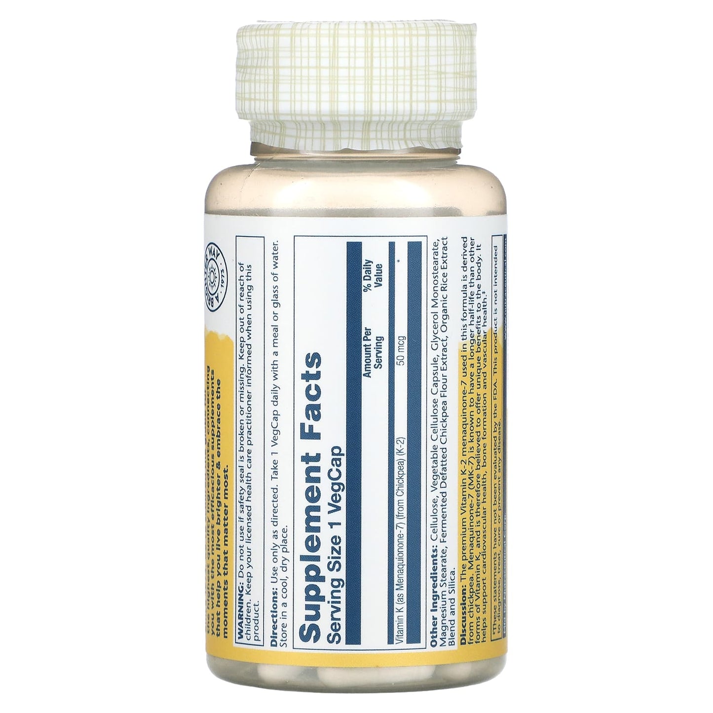 Solaray, K-2, MK-7 50 MCG, 60 VegCaps UPC 076280874969 | HiLife Vitamins
