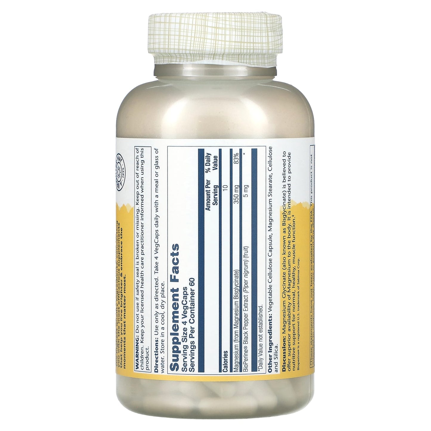 Solaray, Higher Absorption Magnesium Glycinate, 350 mg, 240 VegCaps UPC 076280895049 | HiLife Vitamins