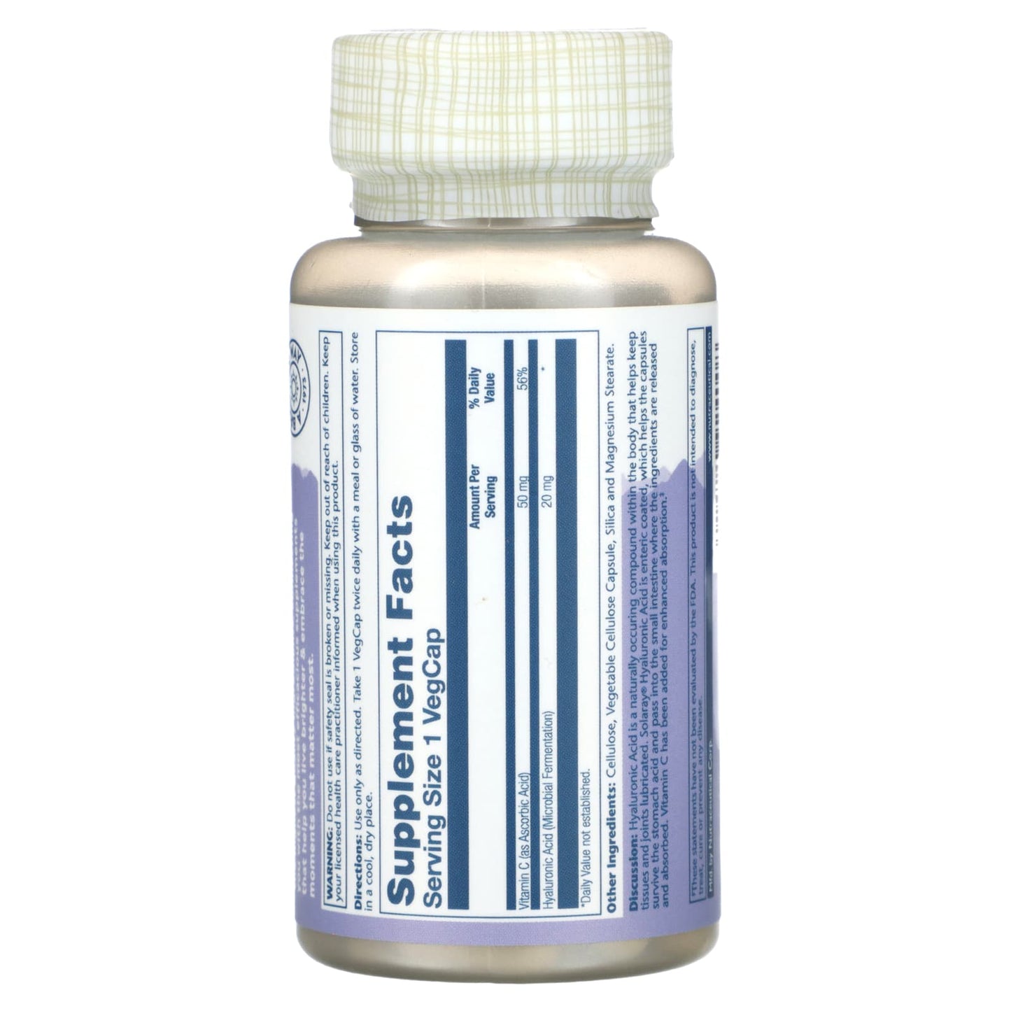 Solaray, Enteric-Coated Hyaluronic Acid, 20 mg, 30 VegCaps UPC 076280924008 | HiLife Vitamins