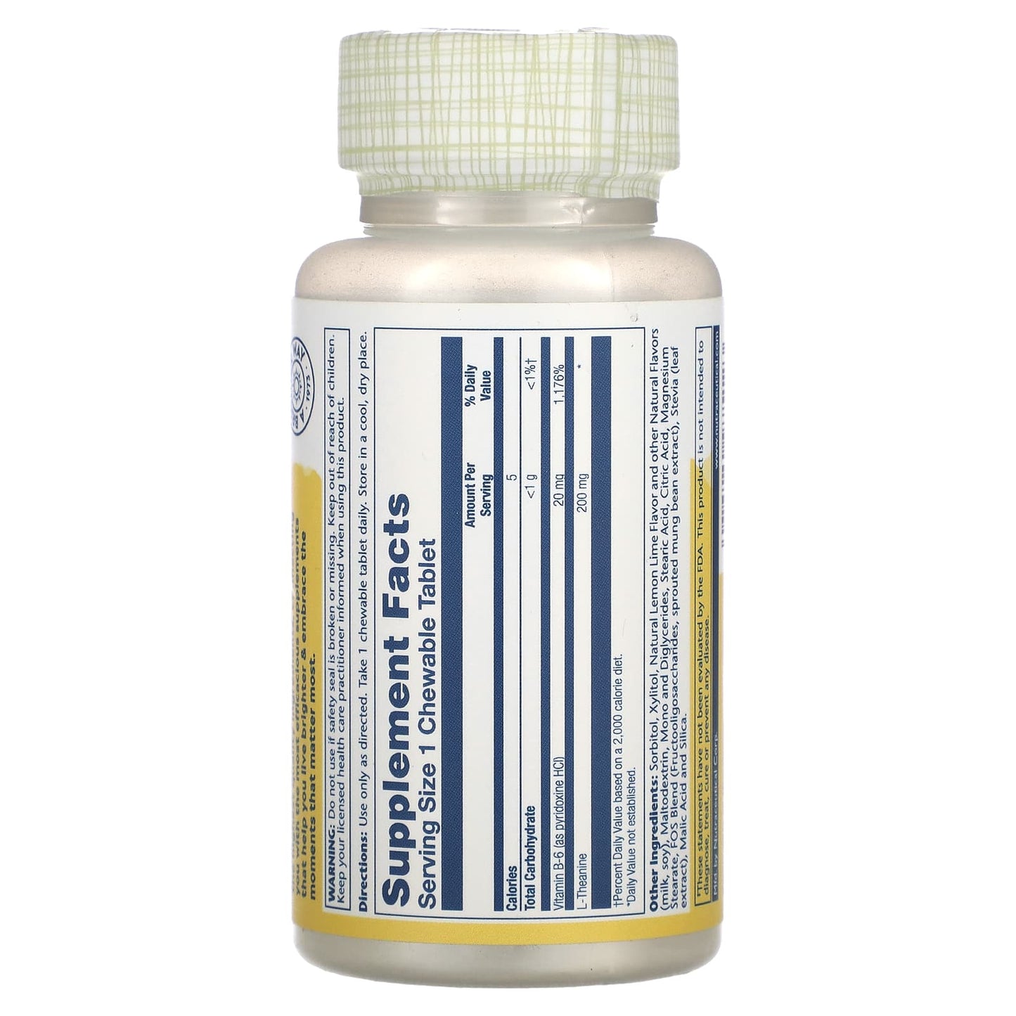 Solaray, L-Theanine, Natural Lemon-Lime, 200 mg, 30 Chewables UPC 076280975123 | HiLife Vitamins