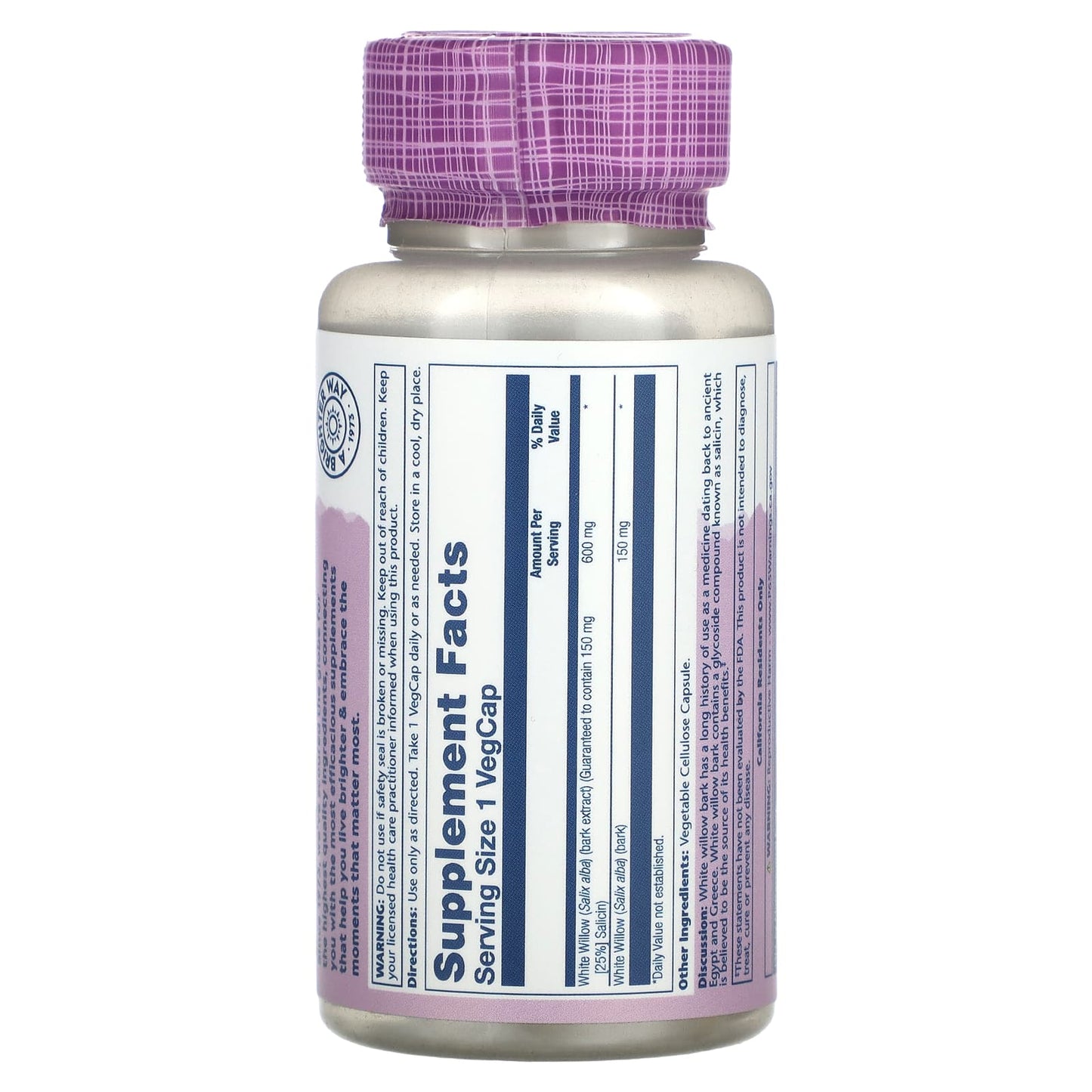 Solaray, WHITE WILLOW BARK EXT, 60 VegCaps UPC 076280983944 | HiLife Vitamins