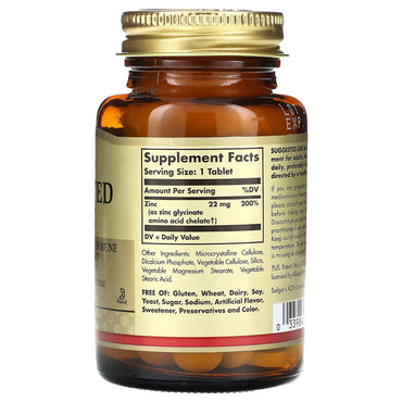 Solgar, Chelated Zinc 22 mg, 100 Tablets UPC 033984008007 | HiLife Vitamins