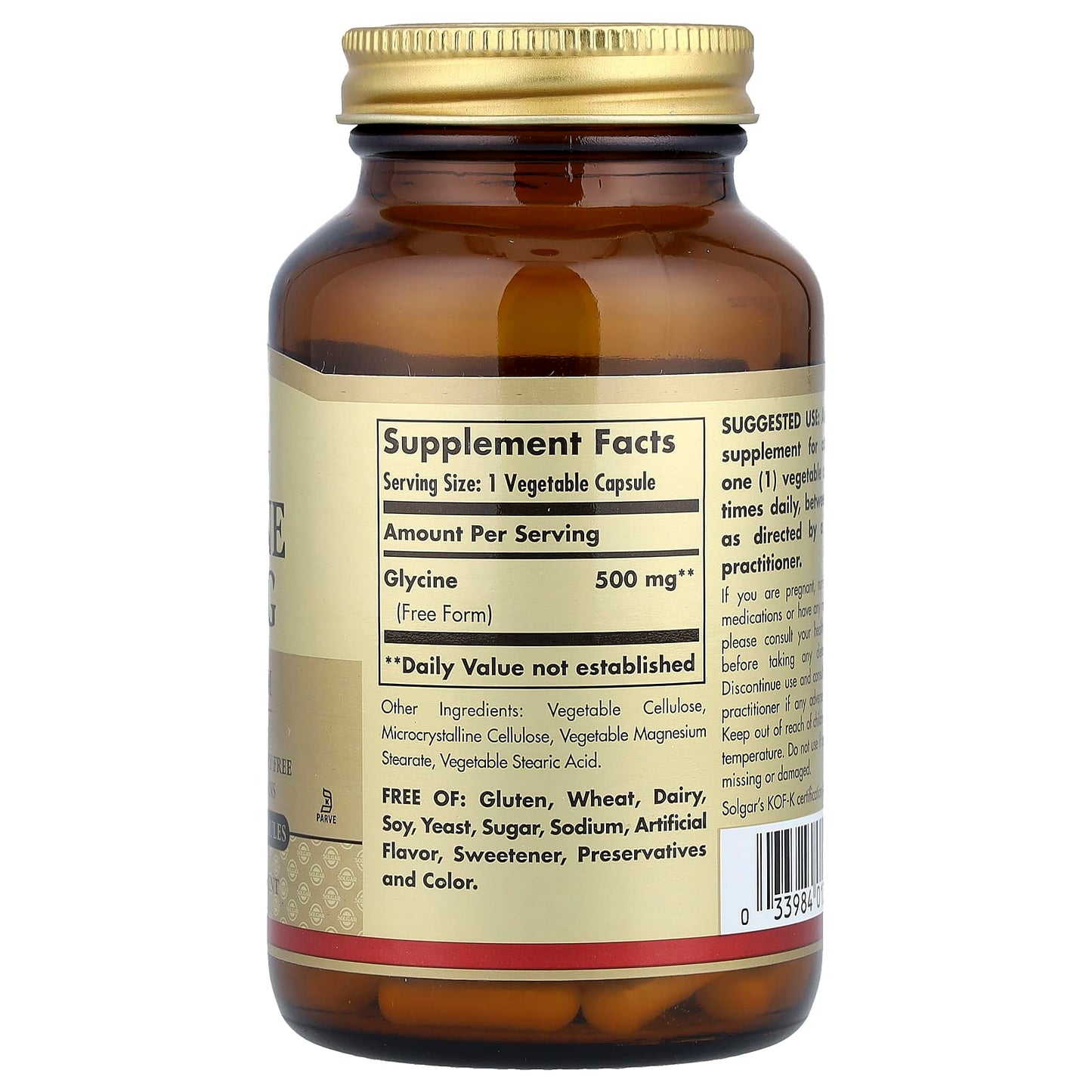Solgar, Glycine, 500 mg, 100 Vegetable Capsules UPC 033984013704 | HiLife Vitamins