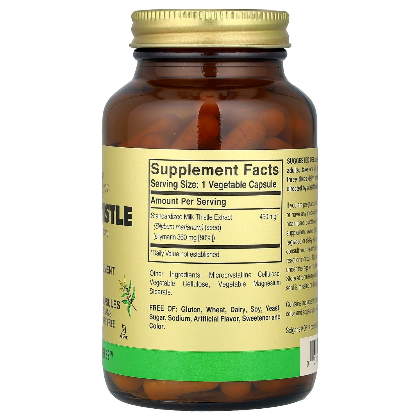 Solgar, Milk Thistle, 100 Vegetable Capsules UPC 033984039728 | HiLife Vitamins
