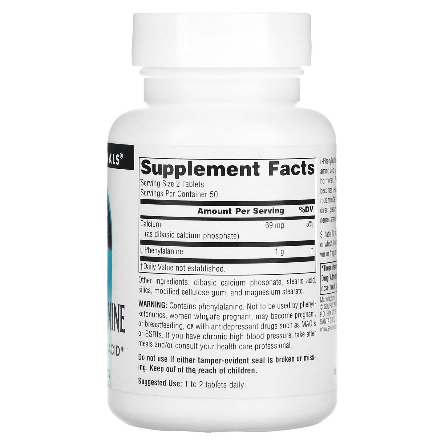 Source Naturals, L-Phenylalanine 500 mg, 100 Tablets UPC 021078001614 | Hilife Vitamins
