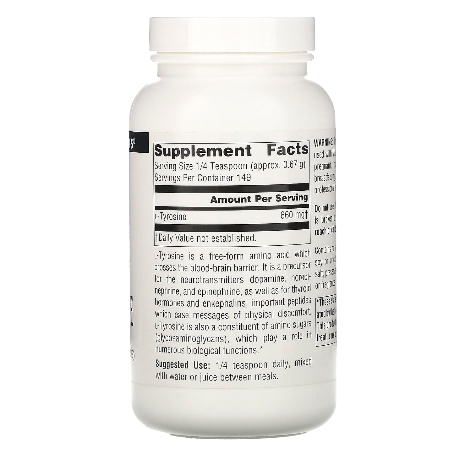 Source Naturals, L-Tyrosine, 100 Gm UPC 021078001874 | Hilife Vitamins