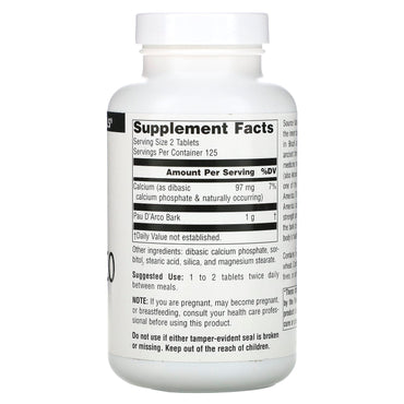 Source Naturals, Pau D'Arco 500 mg, 250 Tablets UPC 021078002260 | Hilife Vitamins