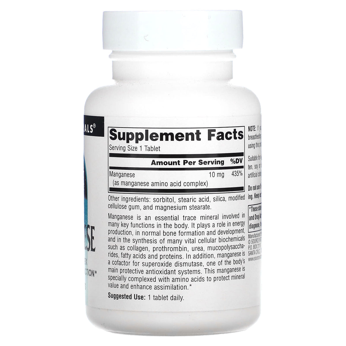 Source Naturals, Manganese 10 mg, 250 Tablets UPC 021078003434 | Hilife Vitamins
