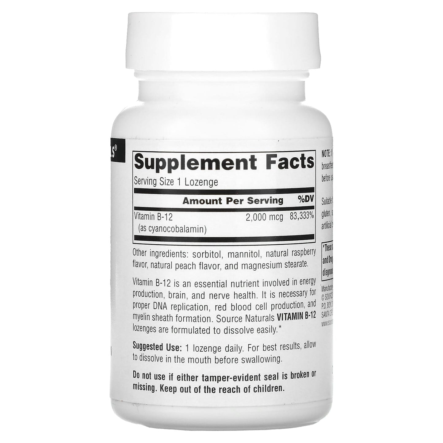 Source Naturals, Vitamin B-12 2000 Mcg, 100 lozenges UPC 021078004189 | Hilife Vitamins