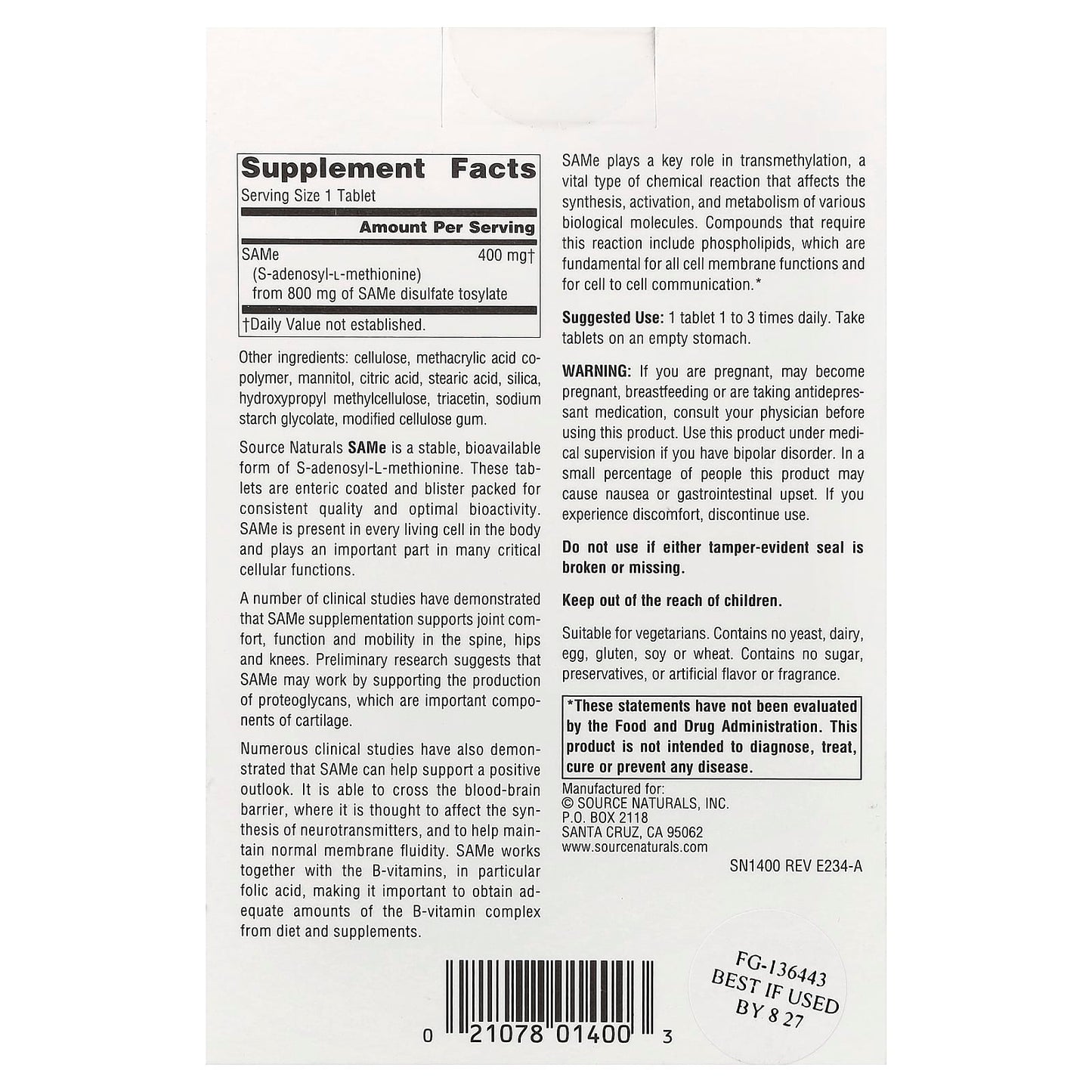 Source Naturals, SAMe , 400 mg, 30 Enteric Coated Tablets UPC 021078014003 | Hilife Vitamins