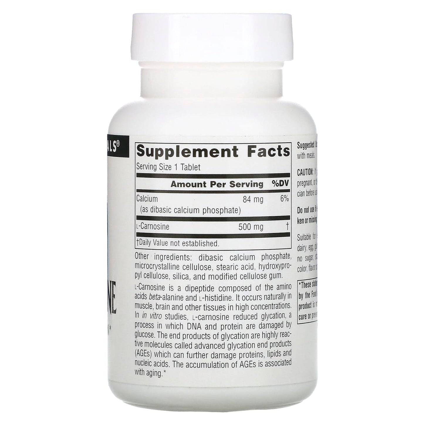 Source Naturals, L-Carnosine 500 mg, 60 Tablets UPC 021078015581 | Hilife Vitamins