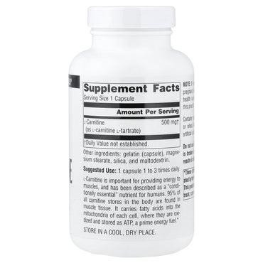 Source Naturals, L-Carnitine, 500 mg, 120 Capsules UPC 021078015703 | Hilife Vitamins