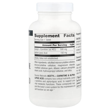 Source Naturals, Acetyl L-Carnitine & Alpha-Lipoic Acid, 120 Tablets UPC 021078018001 | Hilife Vitamins