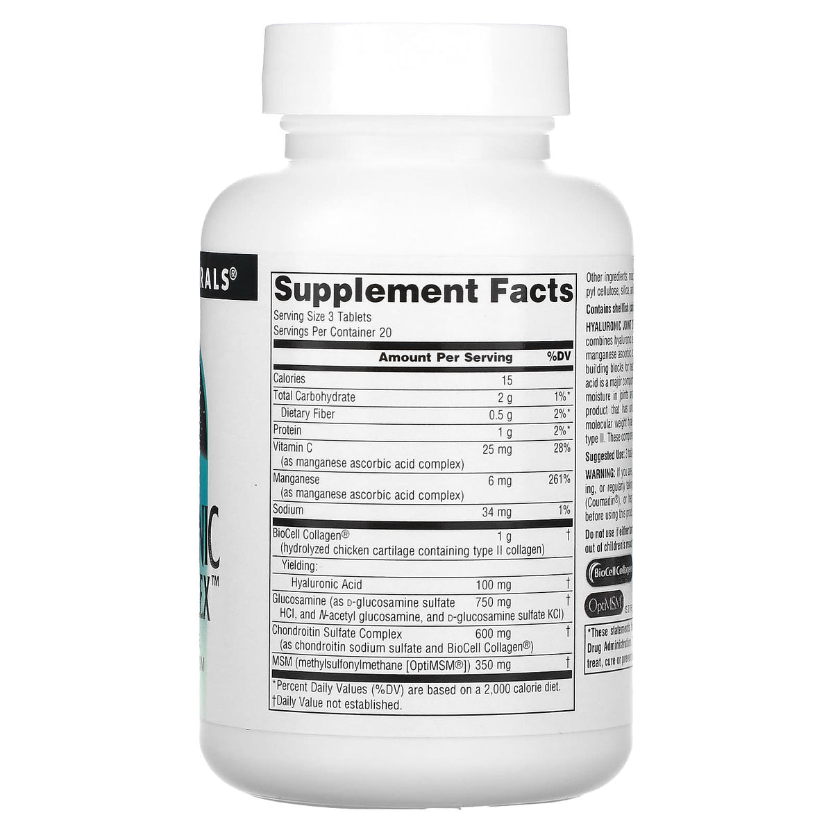 Source Naturals, Hyaluronic Joint Complex, 60 Tablets UPC 021078018933 | Hilife Vitamins
