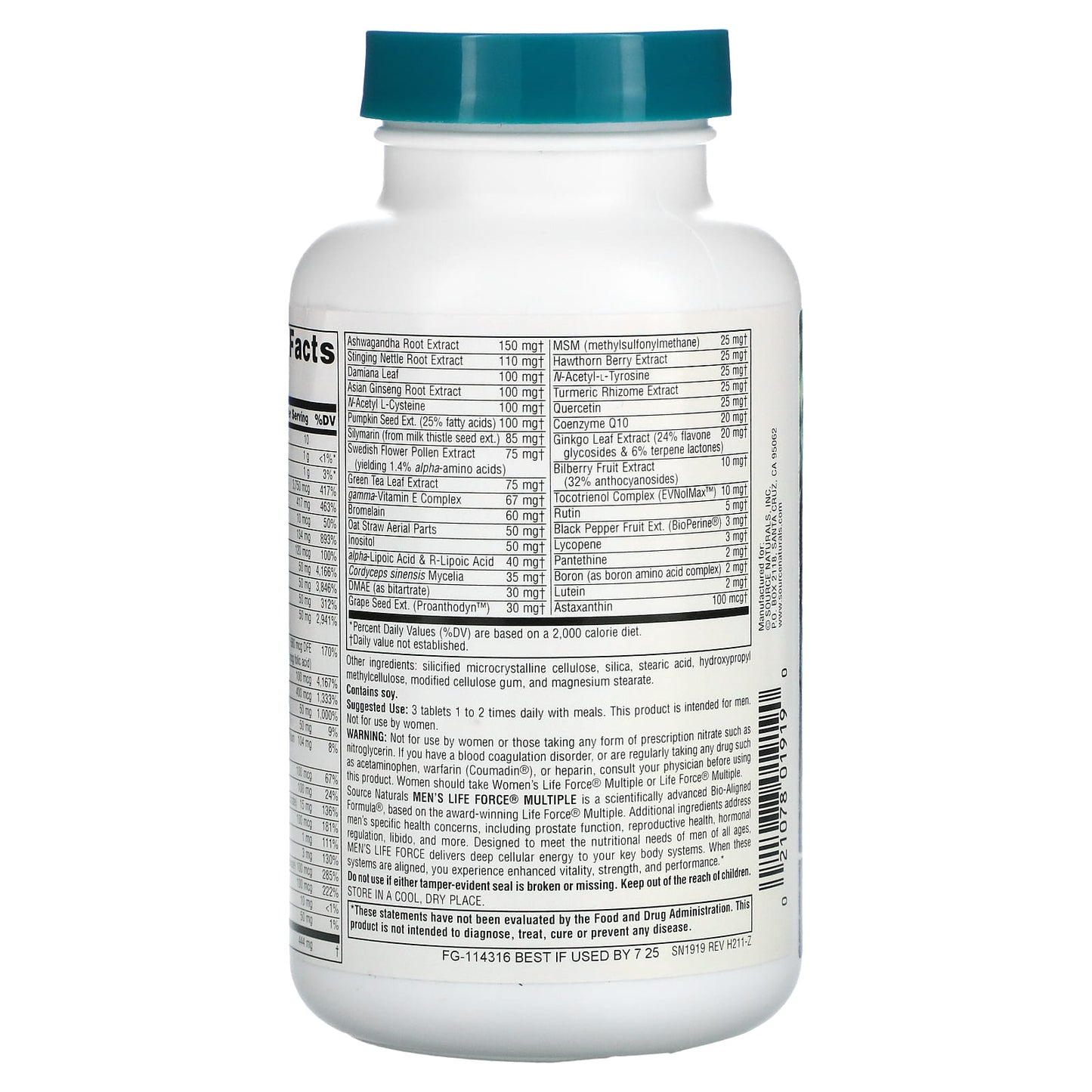 Source Naturals, Men's Life Force Multiple, 90 Tablets UPC 021078019190 | Hilife Vitamins