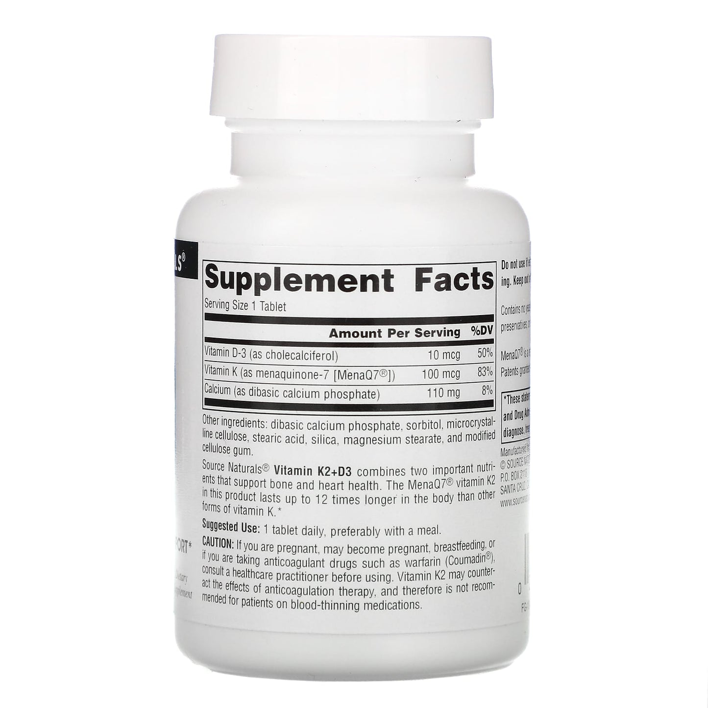 Source Naturals, Vitamin K2 + D3 100 Mcg, 60 Tablets UPC 021078019220 | Hilife Vitamins