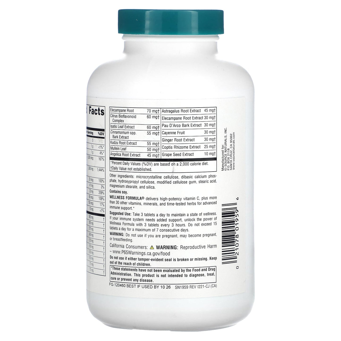 Source Naturals, Wellness Formula®, (CA Formula), 180 Tablets UPC 021078019596 | Hilife Vitamins