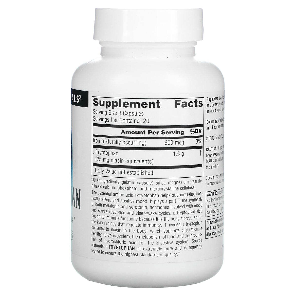 Source Naturals, L-Tryptophan 500 mg, 60 Capsules UPC 021078019848 | Hilife Vitamins