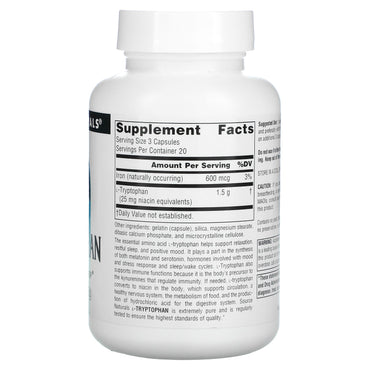 Source Naturals, L-Tryptophan 500 mg, 60 Capsules UPC 021078019848 | Hilife Vitamins