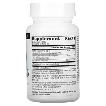 Source Naturals, L-Tryptophan With Coenzyme B-6 500 mg, 60 Tablets UPC 021078019879 | Hilife Vitamins