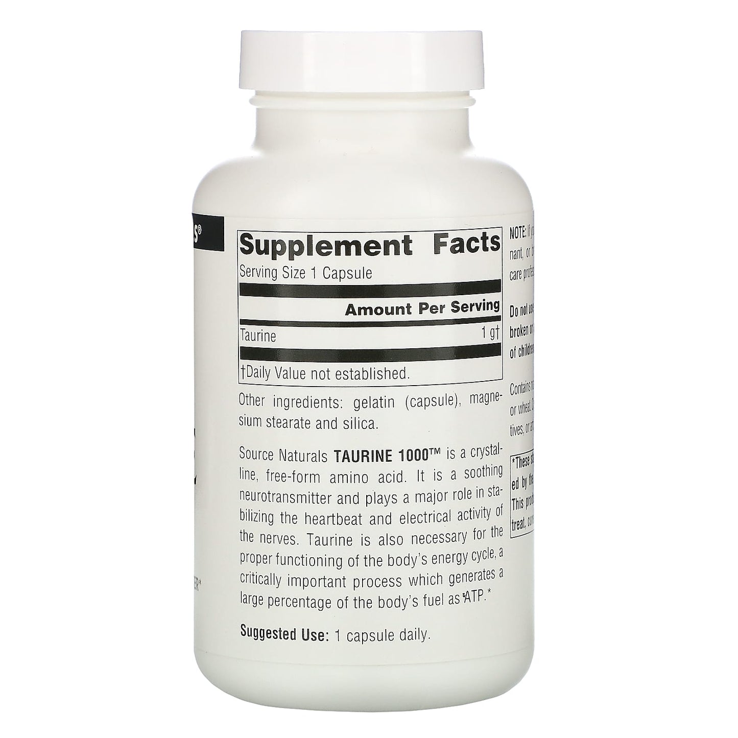 Source Naturals, TAURINE 1000 CAP 1000MG 120C, 120 Capsules UPC 021078020684 | Hilife Vitamins