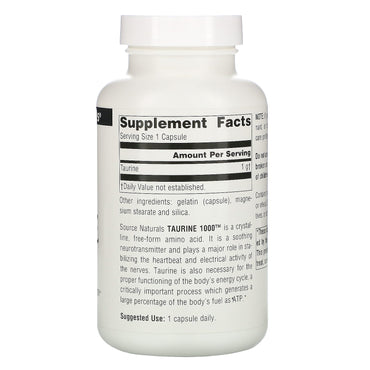 Source Naturals, TAURINE 1000 CAP 1000MG 120C, 120 Capsules UPC 021078020684 | Hilife Vitamins